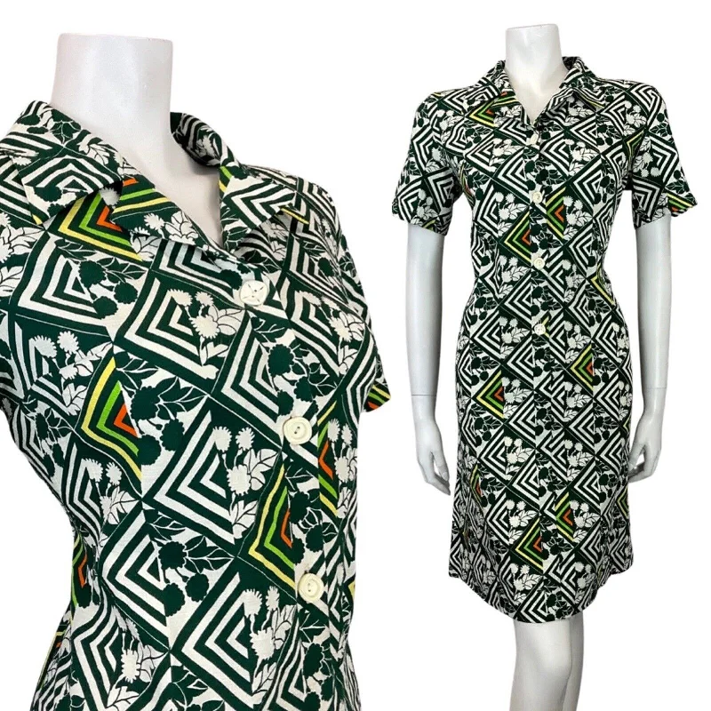 VINTAGE 60s 70s GREEN WHITE YELLOW GEOMETRIC BERRY FLORAL MOD SHIRT DRESS 12 14