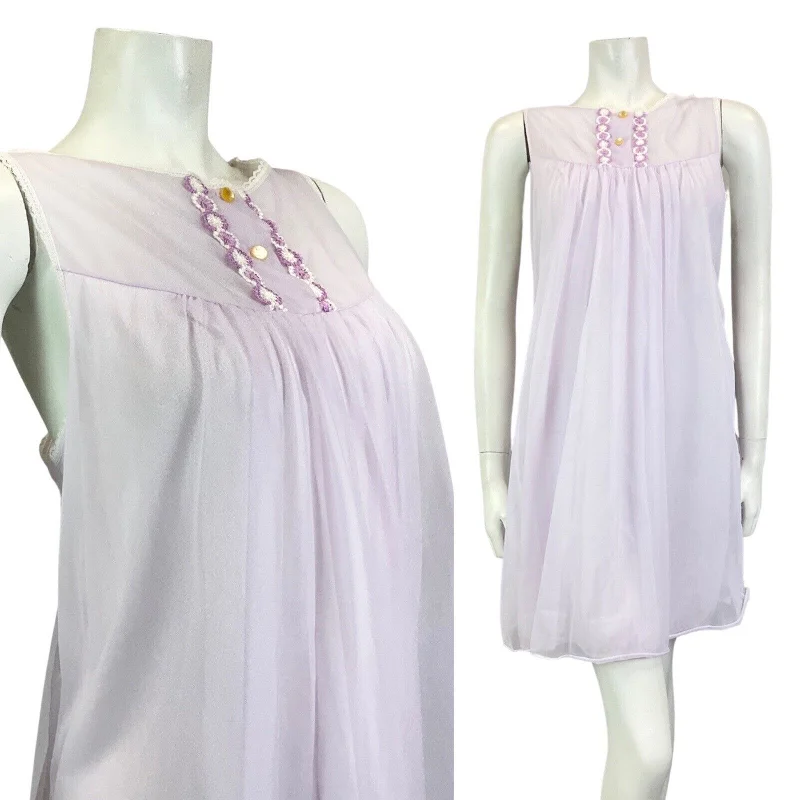 VINTAGE 60s 70s LILAC WHITE EMBROIDERED SHEER SLIP NIGHT-DRESS 16 18