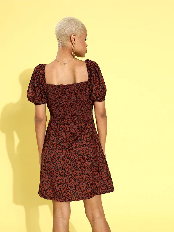 Women Chic Rust Floral Sweetheart Neck Dress