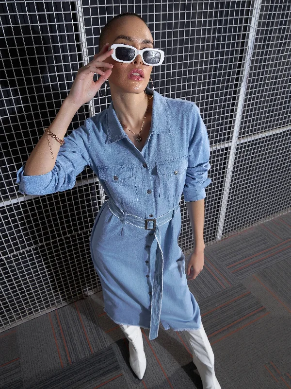 Women Ice Blue Raw Edge Pocket Shirt Dress