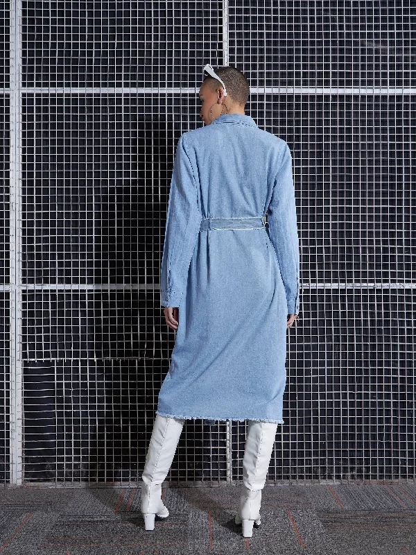 Women Ice Blue Raw Edge Pocket Shirt Dress