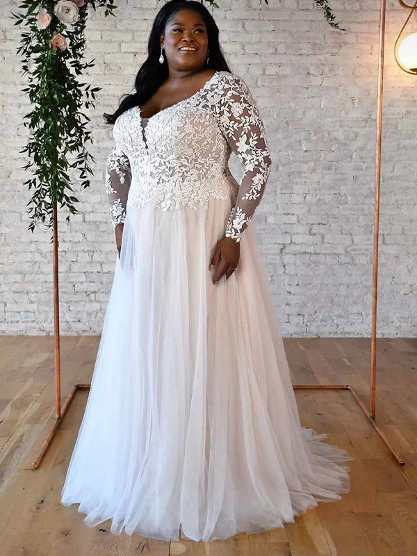 A-line Plus Size Long Sleeves Lace Garden Elegant Vintage Beach Long Wedding Dresses WD195