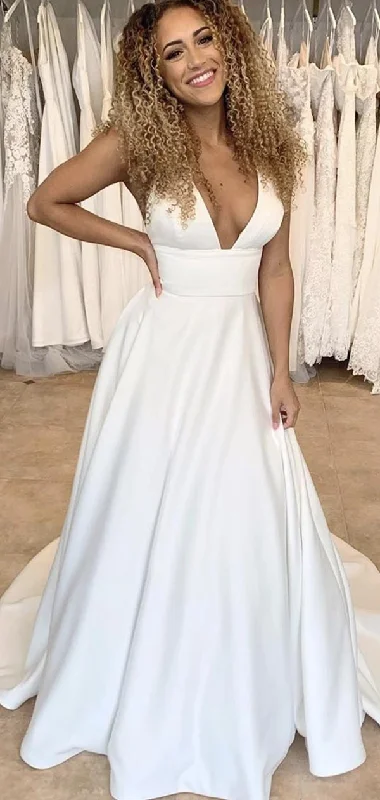 A-line Satin Simple Plus Size Elegant Vintage Beach Long Wedding Dresses WD191