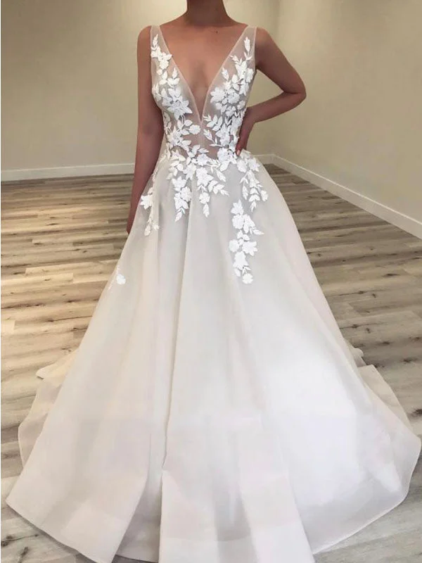 A-line Sleeveless Boho V-Neck Lace Appliques Vintage Beach Long Wedding Dresses WD186