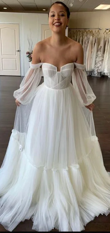 A-line Tulle Long Sleeves Boho Plus Size Elegant Vintage Beach Long Wedding Dresses WD190