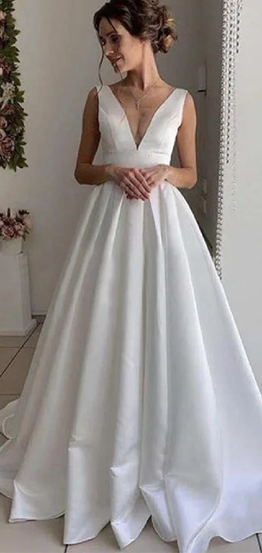 A-line V-Neck Satin Simple Elegant Vintage Beach Long Wedding Dresses WD192