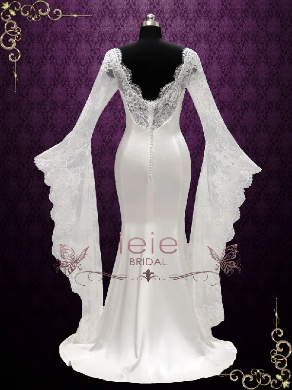 Mermaid Satin Wedding Dress with Lace Bell Sleeves LIZ