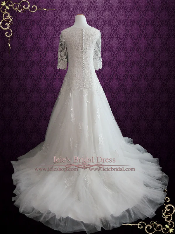 Modest Lace Wedding Dress with Half Sleeves and Illusion Neckline | Angel