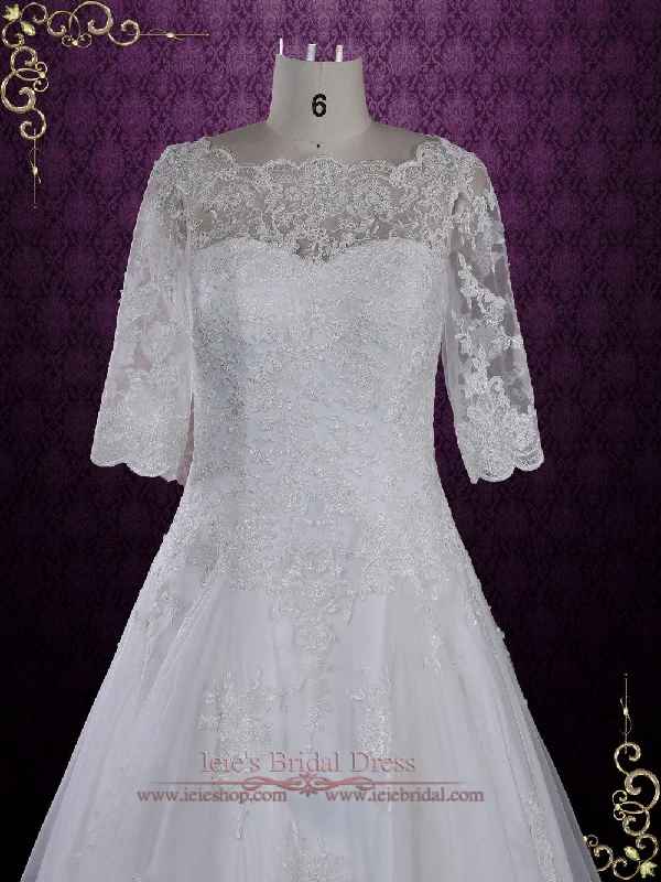 Modest Lace Wedding Dress with Half Sleeves and Illusion Neckline | Angel