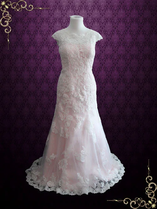 Modest Vintage Lace Pink Wedding Dress with Cap Sleeves JULY