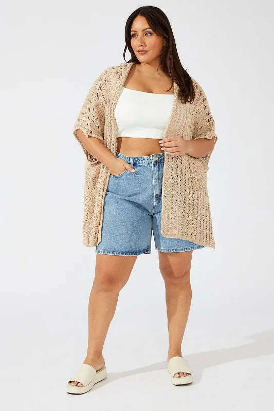 Beige Hooded Crochet Cardigan Short Sleeve