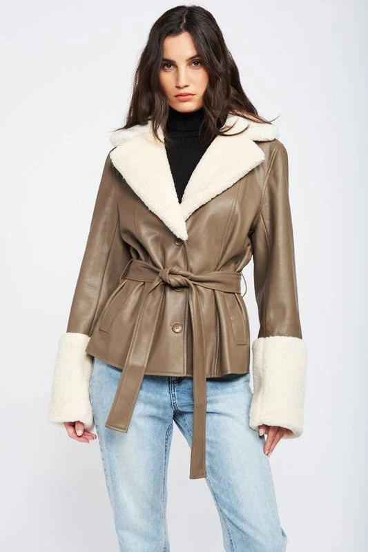 Belted faux shearing trimmed jacket