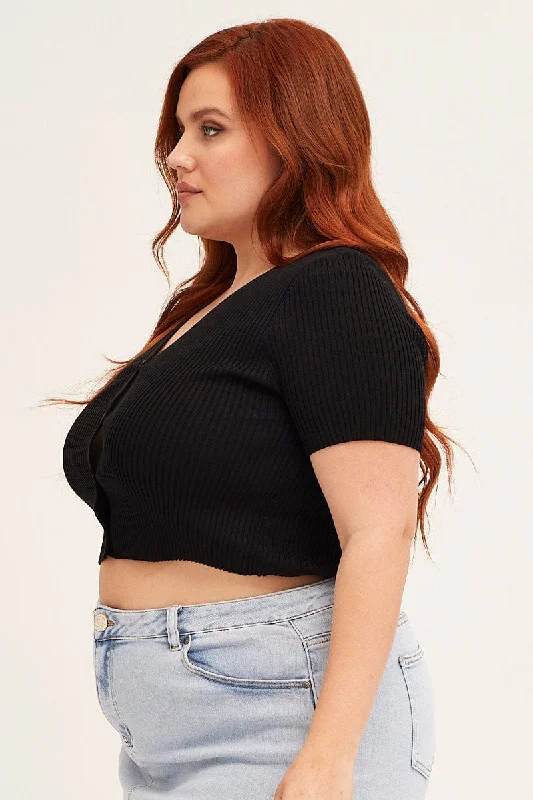 Black Cardigan Short Sleeve Ribbed Crop Knit