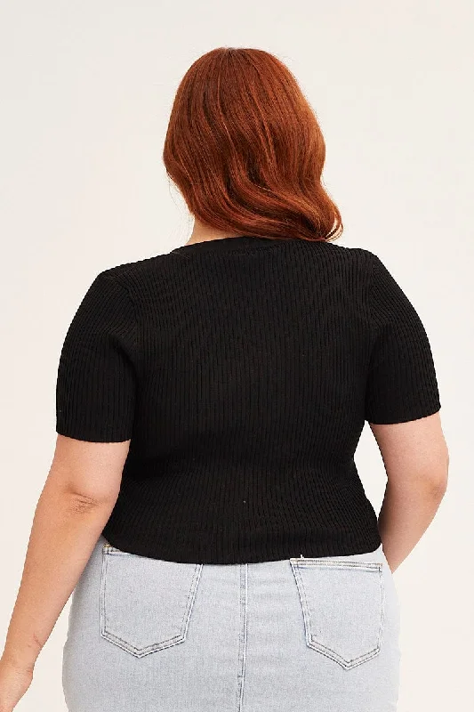 Black Cardigan Short Sleeve Ribbed Crop Knit