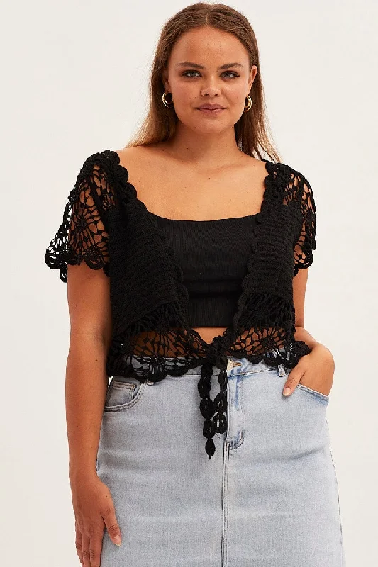 Black Crochet Cardigan Crop Tie Front