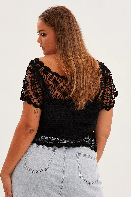 Black Crochet Cardigan Crop Tie Front