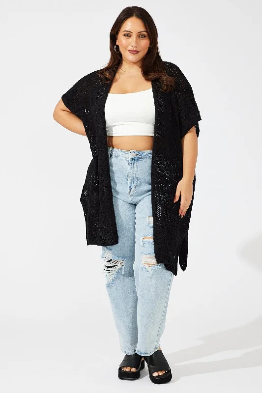 Black Crochet Longline Cardigan