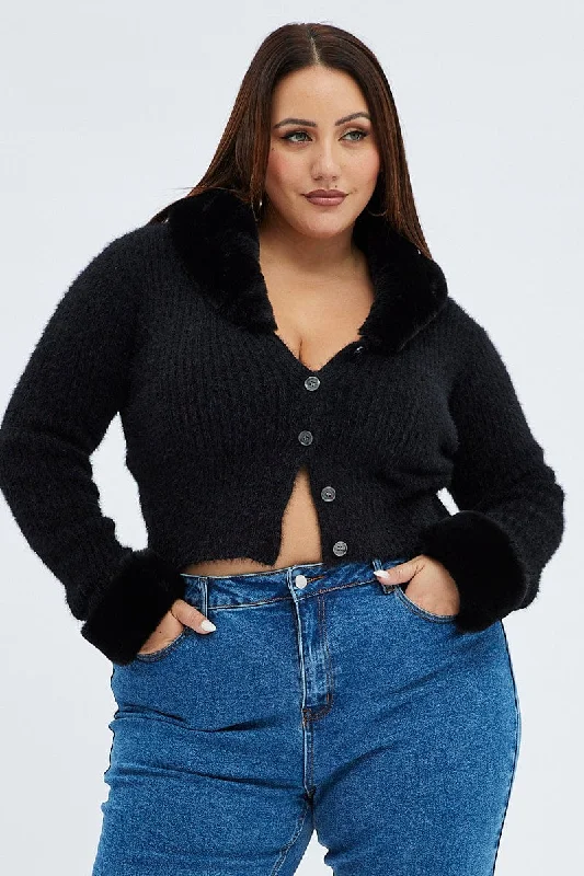 Black Knit Cardigan Fur Trim