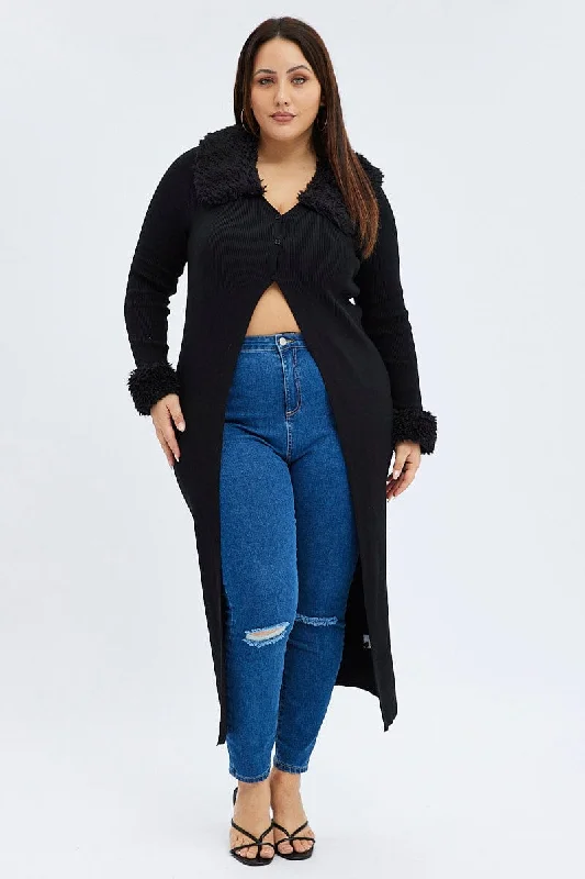 Black Longline Knit Cardigan Faux Fur Trim Ribbed