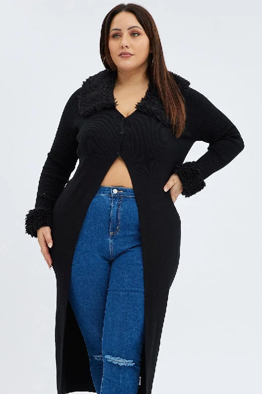 Black Longline Knit Cardigan Faux Fur Trim Ribbed