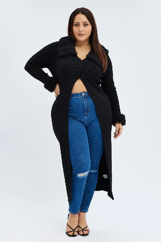 Black Longline Knit Cardigan Faux Fur Trim Ribbed