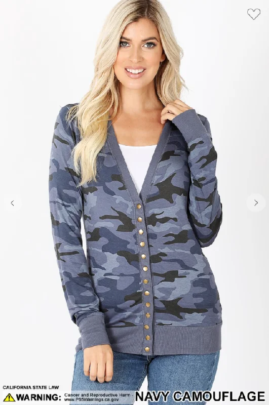 Camo Print Snap Button Cardigan