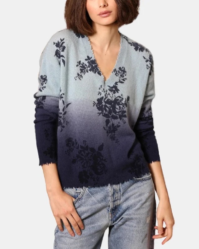 CASHMERE V-NECK FLORAL DIP DYE PULLOVER IN FRESCO BLUE COMBO