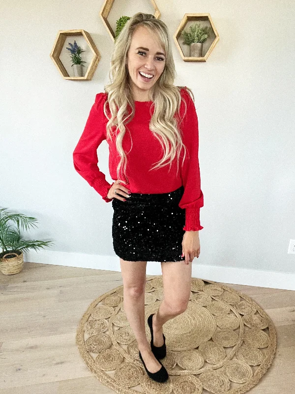 Final Rose Ruffled Shoulder Long Sleeve in Red