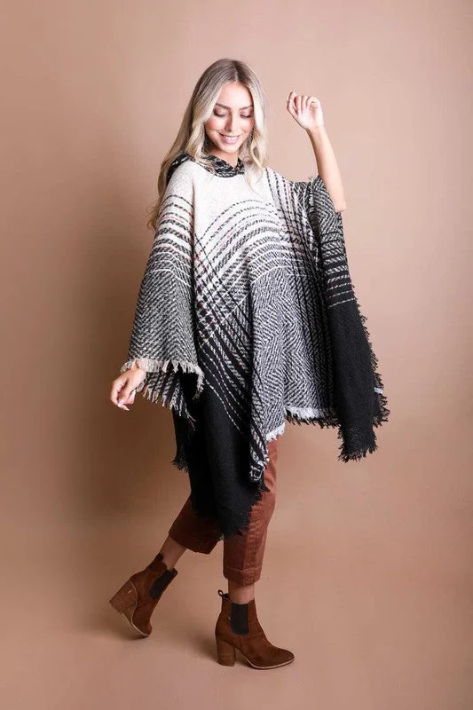 DS Herringbone Tweed Hooded Frayed Edge Poncho