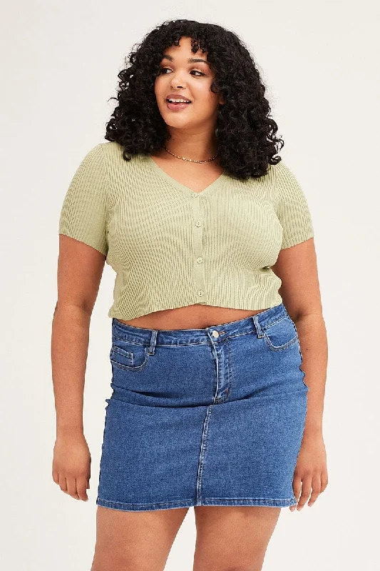 Green Cardigan Short Sleeve Ribbed Crop Knit