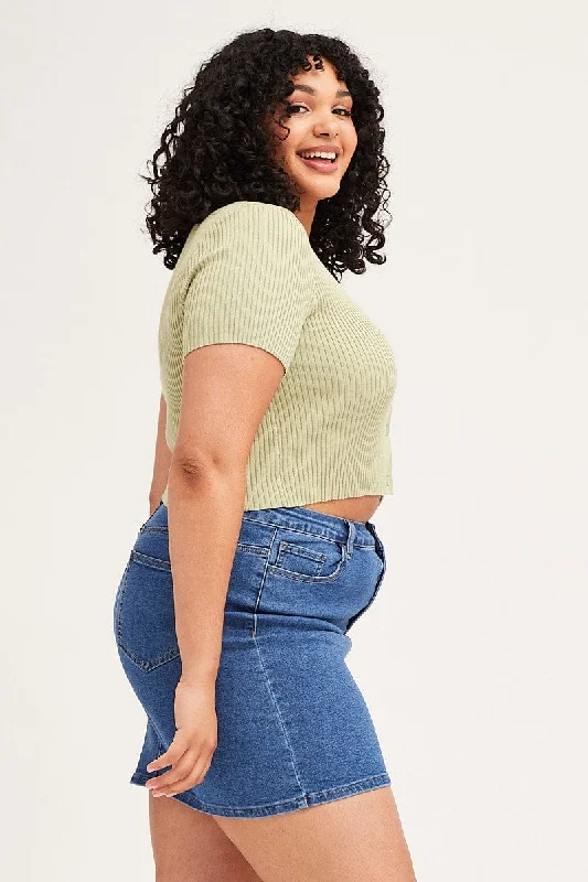 Green Cardigan Short Sleeve Ribbed Crop Knit