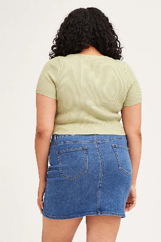 Green Cardigan Short Sleeve Ribbed Crop Knit