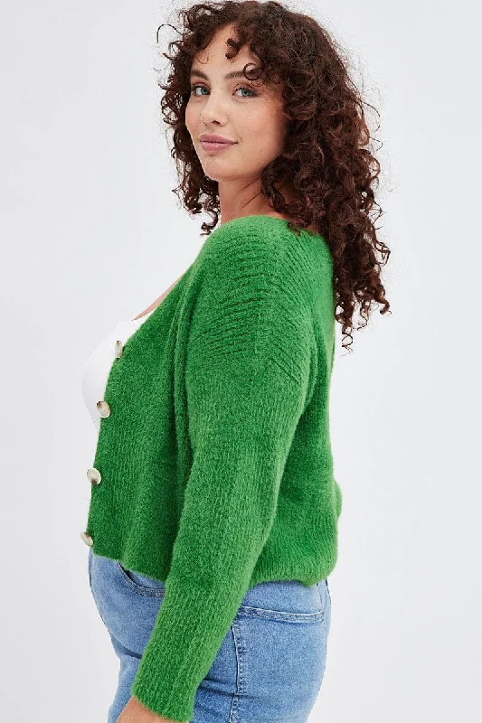 Green Knit Cardigan Long Sleeve Fluffy