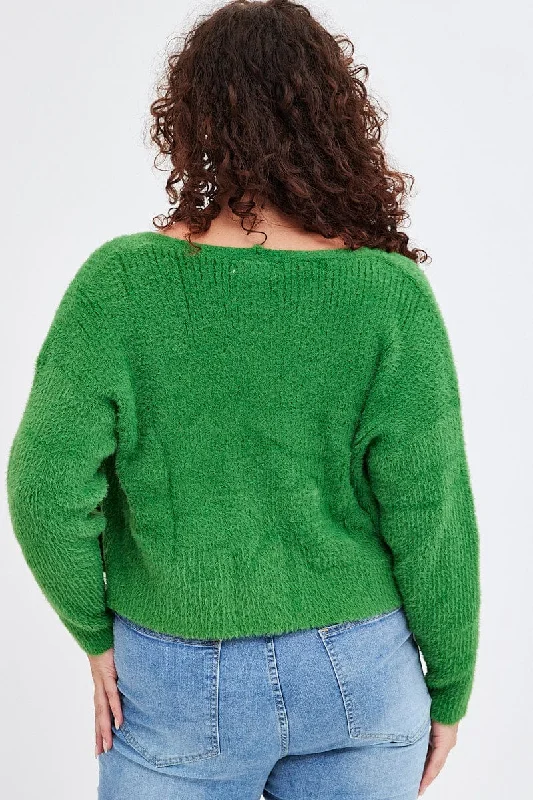 Green Knit Cardigan Long Sleeve Fluffy