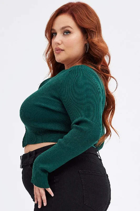 Green Knit Cardigan Zip Up Ribbed