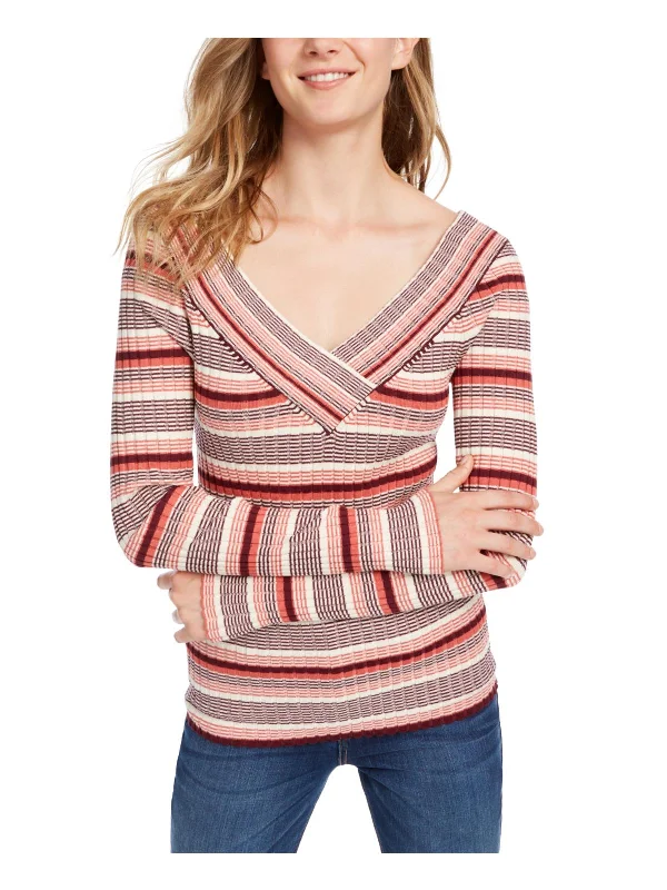 Juniors Womens Striped V-Neck Pullover Sweater