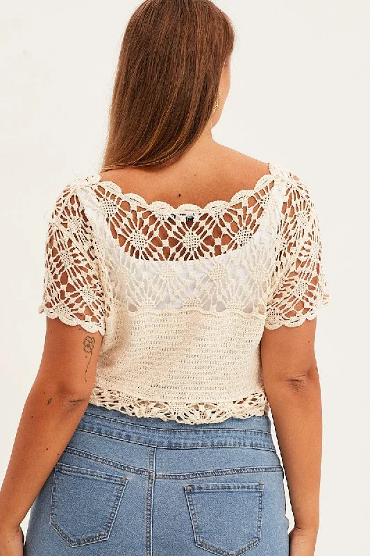 Oatmeal Crochet Cardigan Crop Tie Front