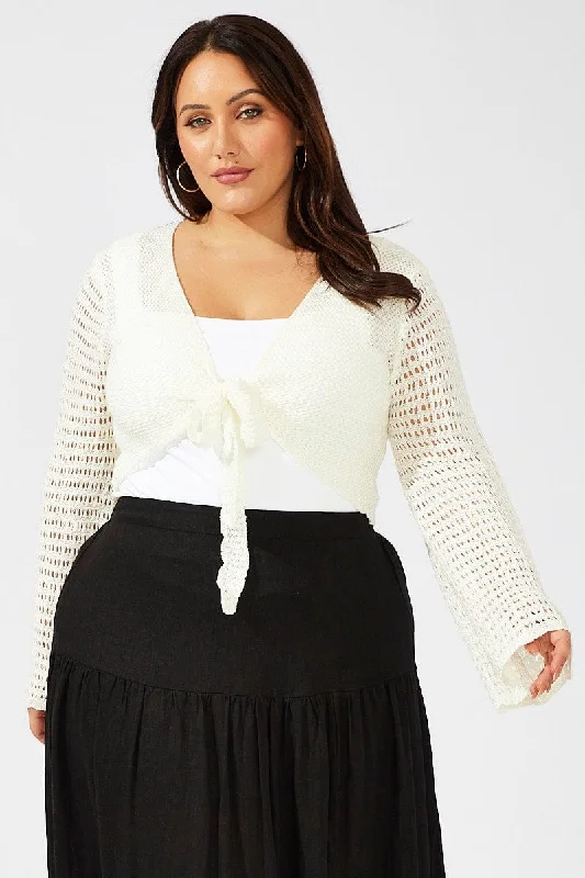 White Crochet Cardigan Long Sleeve Tie Front Knit