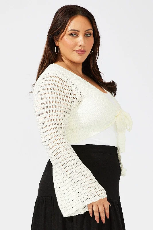 White Crochet Cardigan Long Sleeve Tie Front Knit