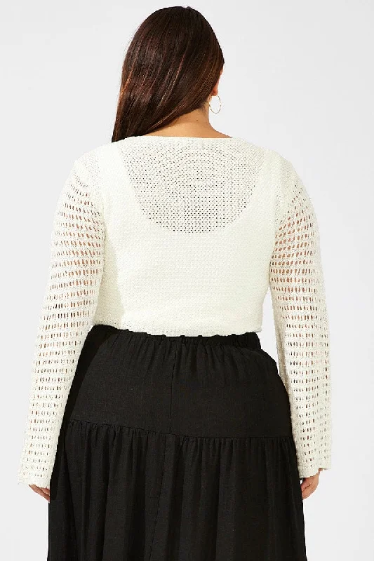 White Crochet Cardigan Long Sleeve Tie Front Knit