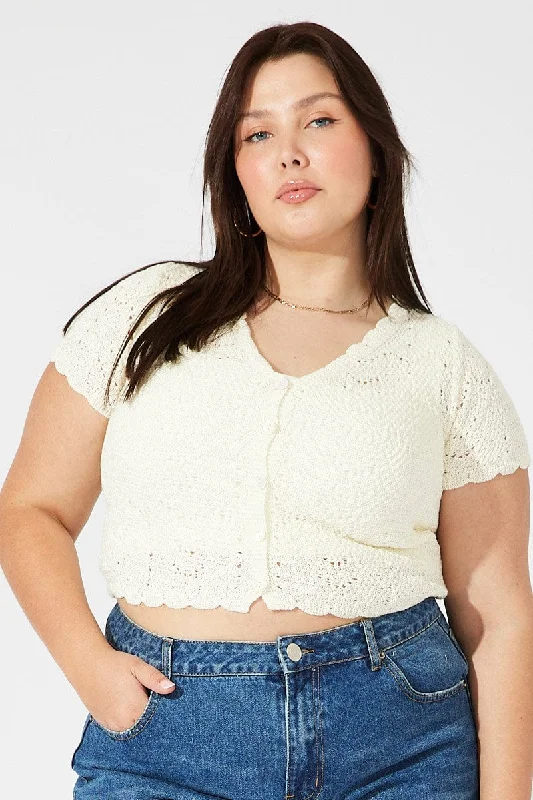 White Crochet Knit Cardigan Short Sleeve