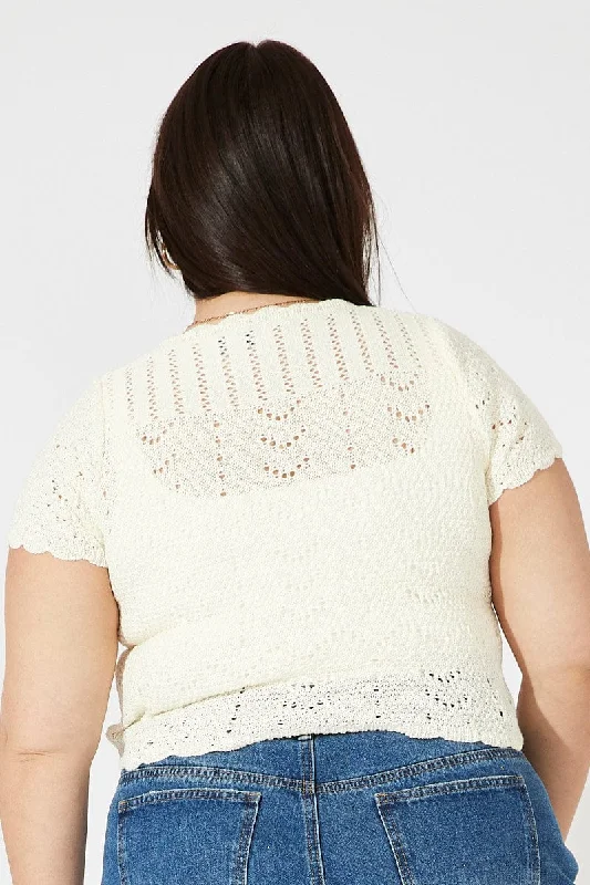 White Crochet Knit Cardigan Short Sleeve