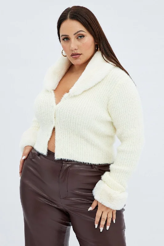 White Knit Cardigan Fur Trim