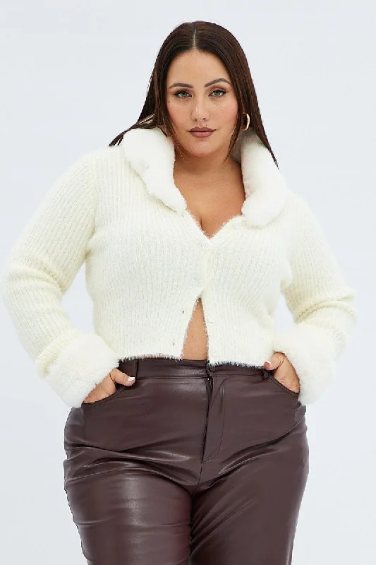 White Knit Cardigan Fur Trim