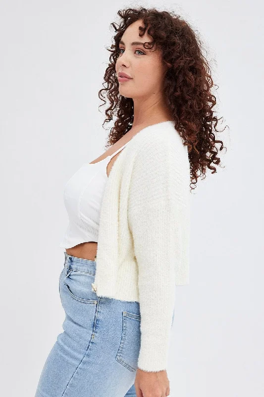 White Knit Cardigan Long Sleeve Fluffy