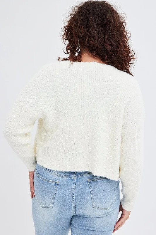 White Knit Cardigan Long Sleeve Fluffy