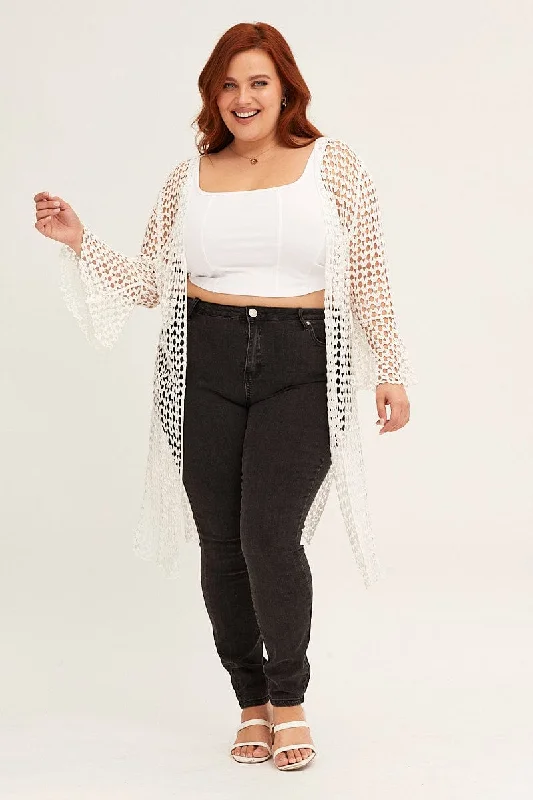 White Ruffle Sleeve Open Front Crochet Cardigan