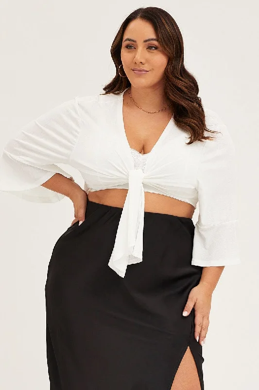 White Ruffle Sleeve Tie Up Crop Cardigan