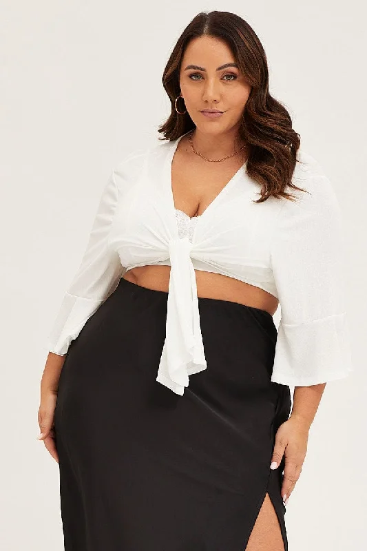 White Ruffle Sleeve Tie Up Crop Cardigan