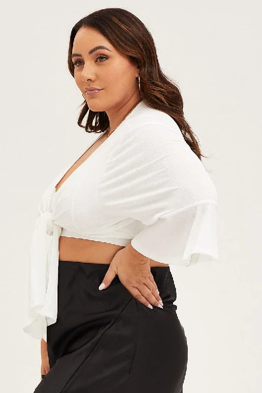 White Ruffle Sleeve Tie Up Crop Cardigan